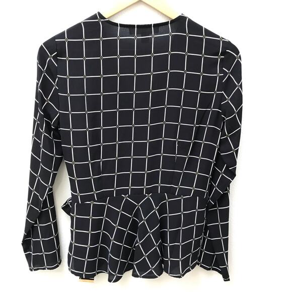 Michael Kors Black & White Windowpane Crossover Long Sleeve Wrap Blouse Women XS - Picture 2 of 10